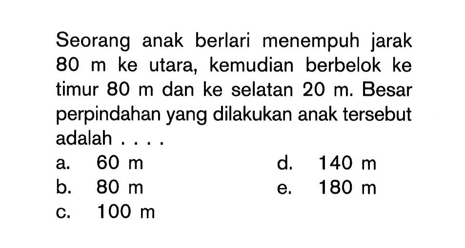 Seorang anak berlari menempuh jarak 80 m ke utara, kemudian berbelok ke timur 80 m dan ke selatan 20 m. Besar perpindahan yang dilakukan anak tersebut adalah .... 