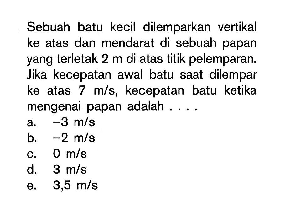 Sebuah batu kecil dilemparkan vertikal ke atas dan mendarat di sebuah papan yang terletak 2 m di atas titik pelemparan. Jika kecepatan awal batu saat dilempar ke atas 7 m/s, kecepatan batu ketika mengenai papan adalah ...