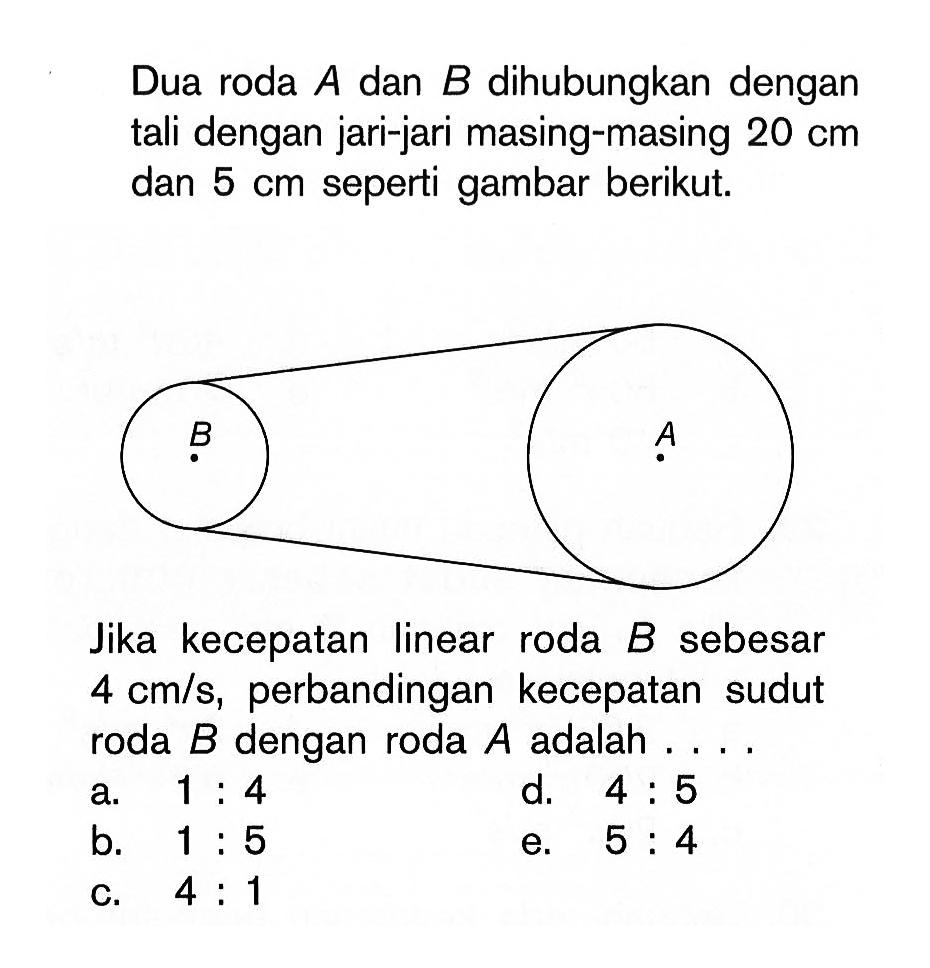 Dua roda A dan B dihubungkan dengan tali dengan jari-jari masing-masing 20 cm dan 5 cm seperti gambar berikut.B AJika kecepatan linear roda B sebesar 4 cm/s, perbandingan kecepatan sudut roda B dengan roda A adalah ....