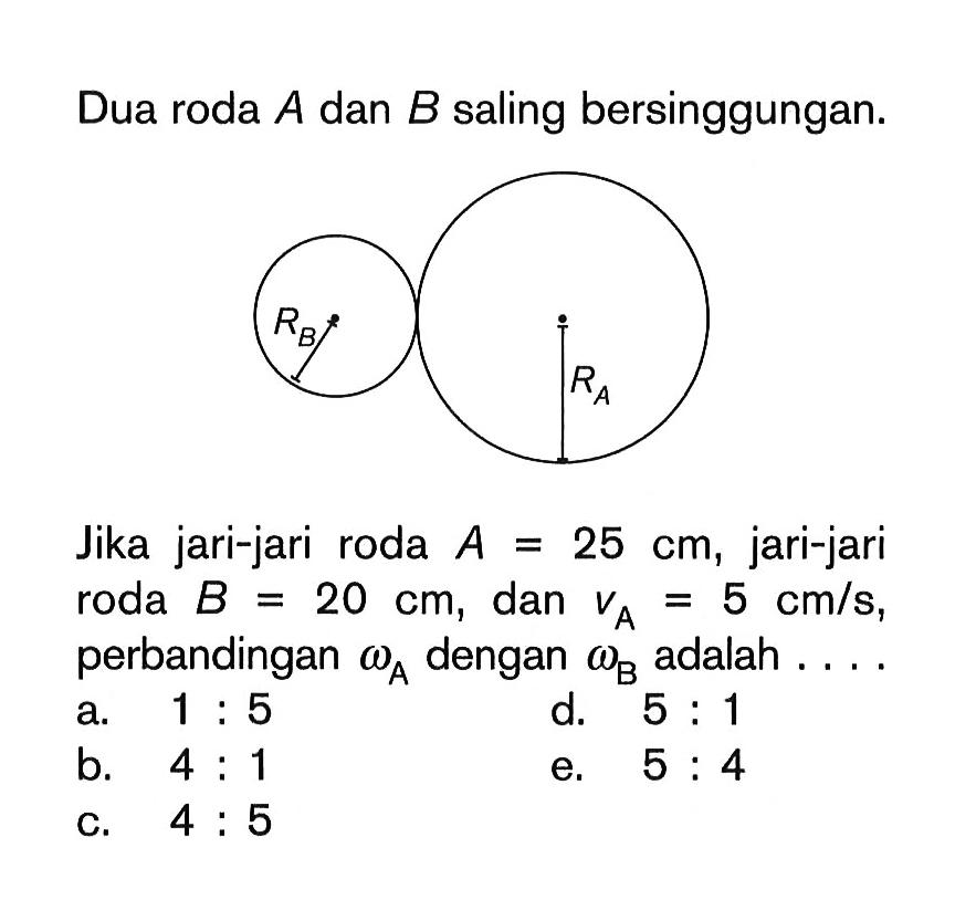 Dua roda A dan B saling bersinggungan.RB RAJika jari-jari roda A = 25 cm, jari-jari roda B = 20 cm, dan vA = 5 cm/s, perbandingan  omegaA dengan omegaB adalah ....