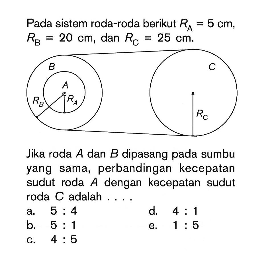 Pada sistem roda-roda berikut RA = 5 cm, RB = 20 cm, dan RC = 25 cm. Jika roda A dan B dipasang pada sumbu yang sama; perbandingan kecepatan sudut roda A dengan kecepatan sudut roda C adalah ...