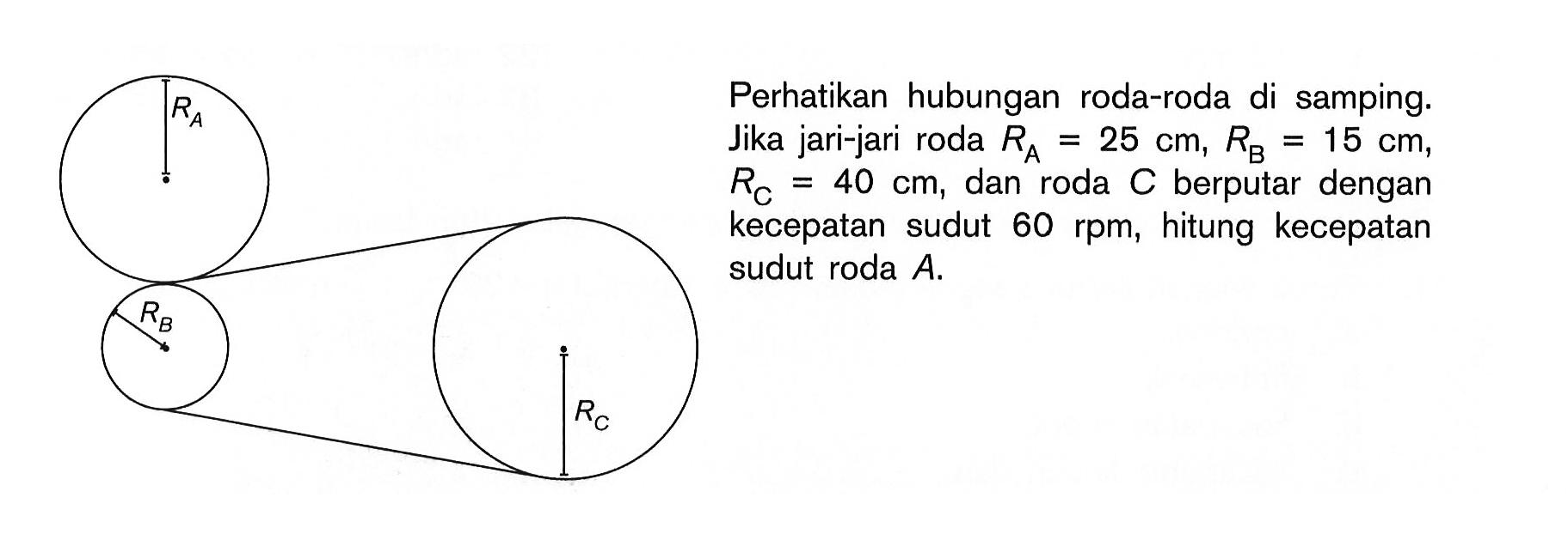 Perhatikan hubungan roda-roda di samping. Jika jari-jari roda RA 25 cm, RB = 15 cm, RC= 40 cm, dan roda C berputar dengan kecepatan sudut 60 rpm, hitung kecepatan sudut roda A.
