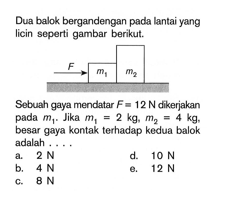 Dua balok bergandengan pada lantai yang licin seperti gambar berikut.Sebuah gaya mendatar F=12 N dikerjakan pada m1. Jika m1=2 kg, m2=4 kg besar gaya kontak terhadap kedua balok adalah....