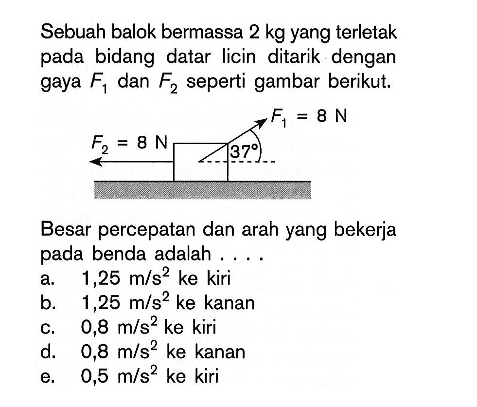 Sebuah balok bermassa  2 kg  yang terletak pada bidang datar licin ditarik dengan gaya  F1  dan  F2  seperti gambar berikut.Besar percepatan dan arah yang bekerja pada benda adalah ....a.  1,25 m/s^2  ke kiri
b.  1,25 m/s^2  ke kanan
c.  0,8 m/s^2  ke kiri
d.  0,8 m/s^2  ke kanan
e.  0,5 m/s^2  ke kiri