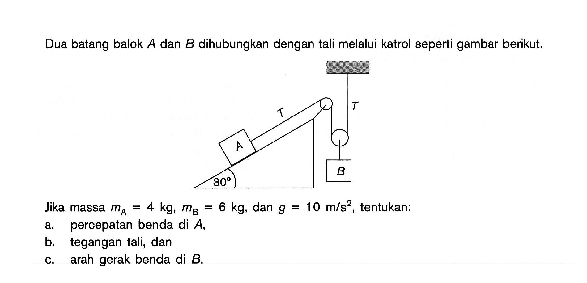 Dua batang balok A dan B dihubungkan dengan tali melalui katrol seperti gambar berikut.Jika massa mA=4 kg, mB=6 kg, dan g=10 m/s^2, tentukan:a. percepatan benda di A,b. tegangan tali, danc. arah gerak benda di B. 