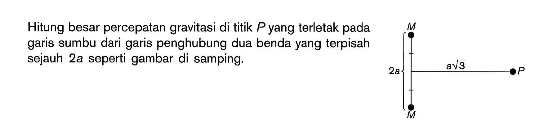 Hitung besar percepatan gravitasi di titik P yang terletak pada garis sumbu dari garis penghubung dua benda yang terpisah sejauh 2a seperti gambar di samping. a akar(3)