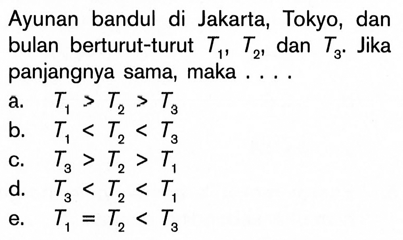 Ayunan bandul di Jakarta, Tokyo, dan bulan berturut-turut T1, T2, dan T3. Jika panjangnya sama, maka ....