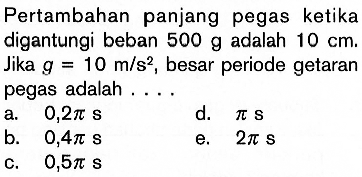 Pertambahan panjang pegas ketika digantungi beban 500 g adalah 10 cm. Jika g=10 m/s^2, besar periode getaran pegas adalah . . . .