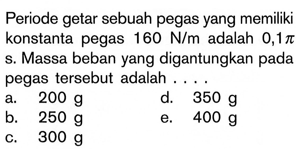 Periode getar sebuah pegas yang memiliki konstanta pegas 160 N/m adalah 0,1pi s. Massa beban yang digantungkan pada pegas tersebut adalah ....