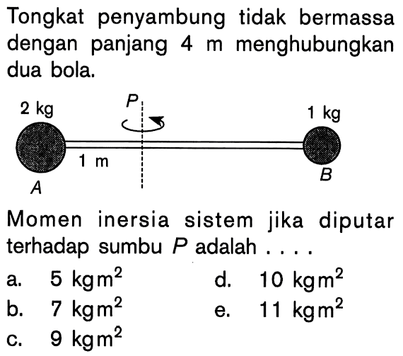 Tongkat penyambung tidak bermassa dengan panjang 4 m menghubungkan dua bola. 2 kg A 1 m P 1 kg B Momen inersia sistem diputar terhadap sumbu P adalah ....