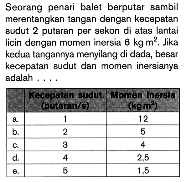 Seorang penari balet berputar sambil merentangkan tangan dengan kecepatan sudut 2 putaran per sekon di atas lantai licin dengan momen inersia 6 kg m^2. Jika kedua tangannya menyilang di dada, besar kecepatan sudut dan momen inersianya adalah....