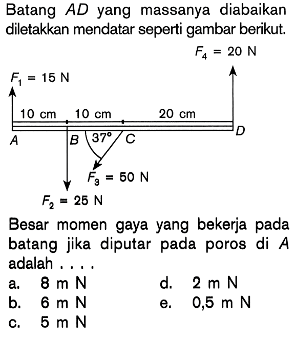 Batang AD yang massanya diabaikan diletakkan mendatar seperti gambar berikut. Besar momen gaya yang bekerja pada batang jika diputar pada poros di A adalah . . . .