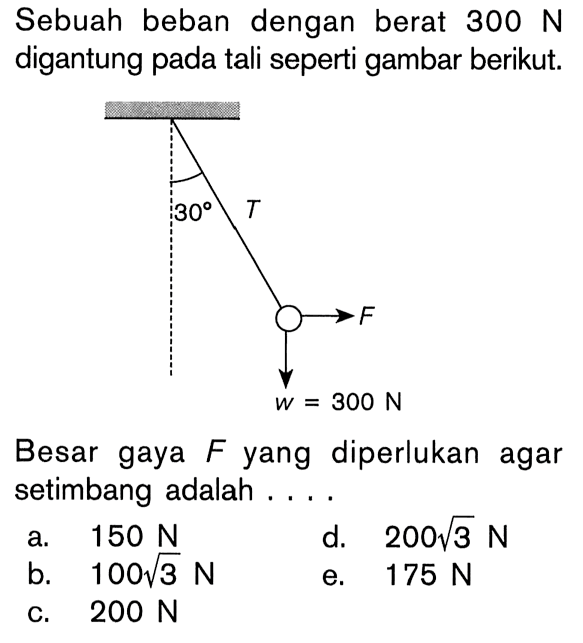 Sebuah beban dengan berat 300 N digantung pada tali seperti gambar berikut. Besar gaya F yang diperlukan agar setimbang adalah . . . .