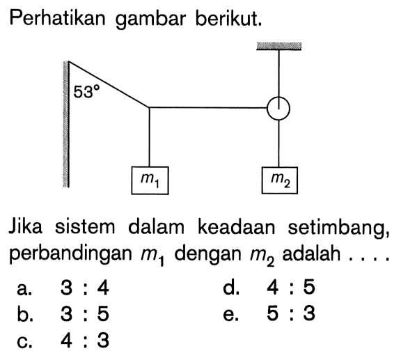 Perhatikan gambar berikut. 53 m1 m2Jika sistem dalam keadaan setimbang, perbandingan m1 dengan m2 adalah....