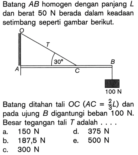 Batang AB homogen dengan panjang L dan berat 50 N berada dalam keadaan setimbang seperti gambar berikut. Batang ditahan tali OC (AC = 2/3 L) dan pada ujung B digantungi beban 100 N. Besar tegangan tali T adalah . . . .