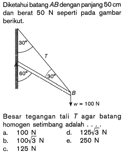 Diketahui batang AB dengan panjang 50 cm dan berat 50 N seperti pada gambar berikut. Besar tegangan tali T agar batang homogen setimbang adalah . . . .