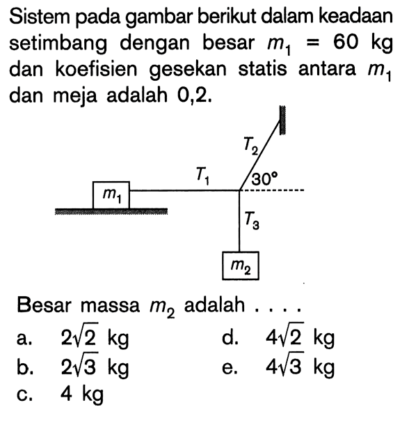 Sistem pada gambar berikut dalam keadaan setimbang dengan besar m1=60 kg dan koefisien gesekan statis antara m1 dan meja adalah 0,2.Besar massa m2 adalah.... m1 T1 T2 30 T3 m2