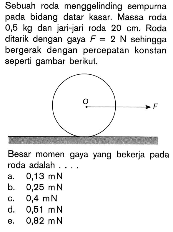 Sebuah roda menggelinding sempurna pada bidang datar kasar. Massa roda 0,5 kg dan jari-jari roda 20 cm. Roda ditarik dengan gaya F = 2 N sehingga bergerak dengan percepatan konstan seperti gambar berikut. Besar momen gaya yang bekerja pada roda adalah ....