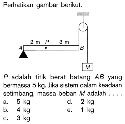 Perhatikan gambar berikut. 2 m 3 m P adalah titik berat batang AB yang bermassa 5 kg. Jika sistem dalam keadaan setimbang, massa beban M adalah ....