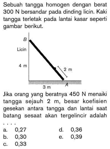 Sebuah tangga homogen dengan berat 300 N bersandar pada dinding licin. Kaki tangga terletak pada lantai kasar seperti gambar berikut. Jika orang yang beratnya 450 N menaiki tangga 2sejauh m, besar koefisien gesekan antara tangga dan lantai saat batang sesaat akan tergelincir adalah