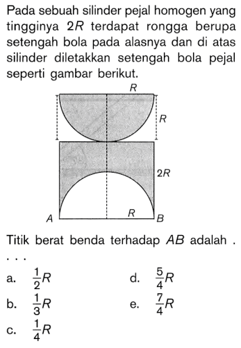 Pada sebuah silinder pejal homogen yang tingginya 2R terdapat rongga berupa setengah bola pada alasnya dan di atas silinder diletakkan setengah bola pejal seperti gambar berikut. Titik berat benda terhadap AB adalah