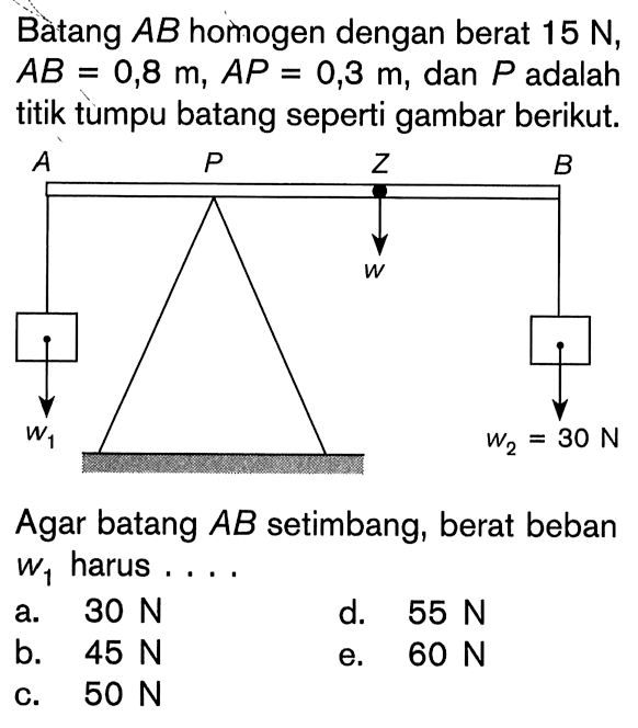 Bàtang AB homogen dengan berat 15 N, AB=0,8 m, AP=0,3 m, dan P adalah titik tumpu batang seperti gambar berikut. w1 A P Z w B w3=30NAgar batang AB setimbang, berat beban w1 harus....