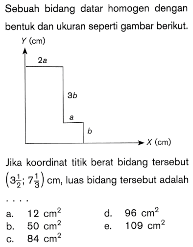 Sebuah bidang datar homogen dengan bentuk dan ukuran seperti gambar berikut. Jika koordinat titik berat bidang tersebut (3 1/3; 7 1/3) cm, luas bidang tersebut adalah ...