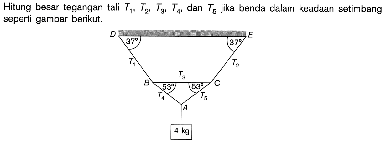 Hitung besar tegangan tali T1, T2, T3, T4, dan T5 jika benda dalam keadaan seimbang seperti gambar berikut. 37 37 53 53 4 kg