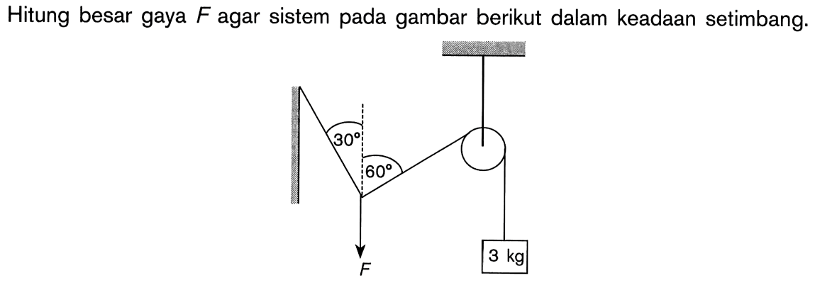 Hitung besar gaya F agar sistem pada gambar berikut dalam keadaan setimbang. 30 60 F 3 kg