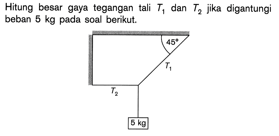 Hitung besar gaya tegangan tali T1 dan T2 jika digantungi beban 5 kg pada soal berikut.