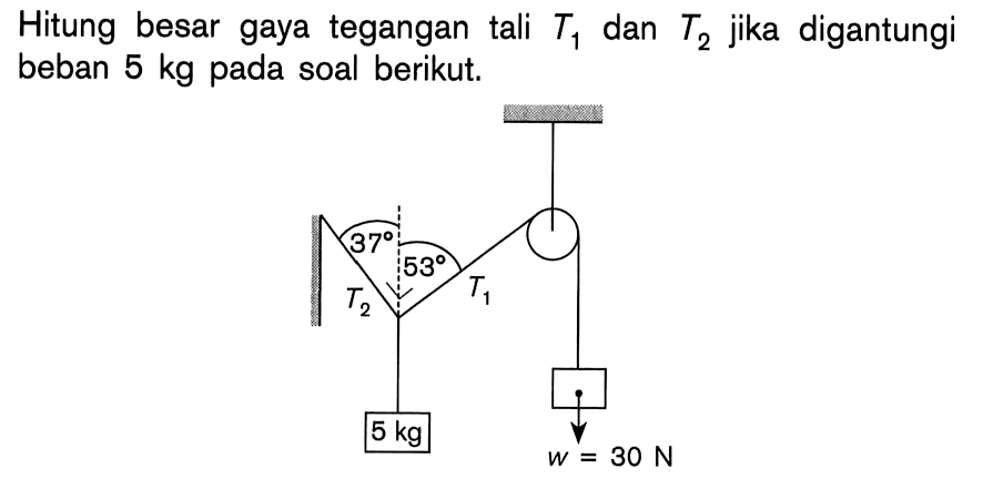 Hitung besar gaya tegangan tali T1 dan T2 jika digantungi beban 5 kg pada soal berikut. T2 37 T1 53 5 kg w=30N