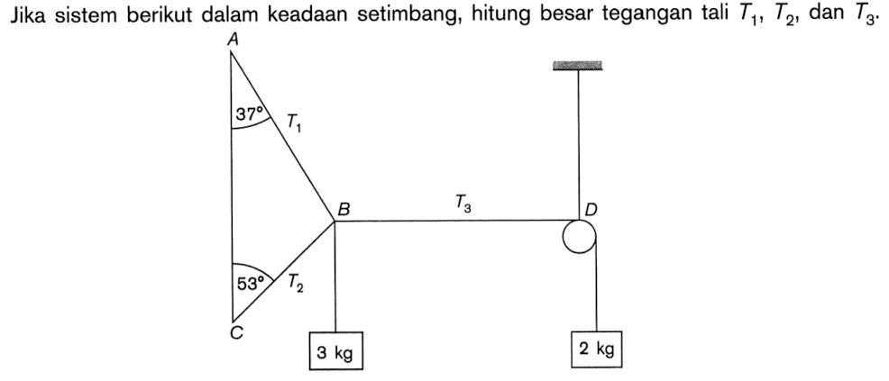 Jika sistem berikut dalam keadaan setimbang, hitung besar tegangan tali T1, T2, dan T3. A 37 T1 B 53 T2 3 kg T3 D 2 kg