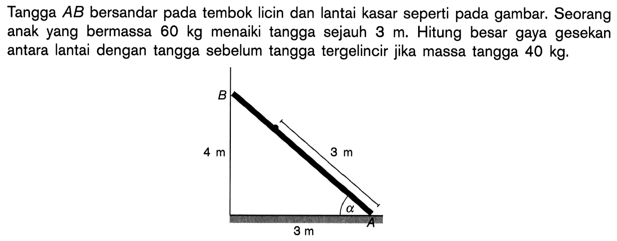 Tangga AB bersandar pada tembok licin dan lantai kasar seperti gambar. Seorang anak yang bermassa 60 kg menaiki tangga sejauh 3 m. Hitung besar gaya gesekan antara lantai dengan tangga sebelum tangga tergelincir jika massa tangga 40 kg.