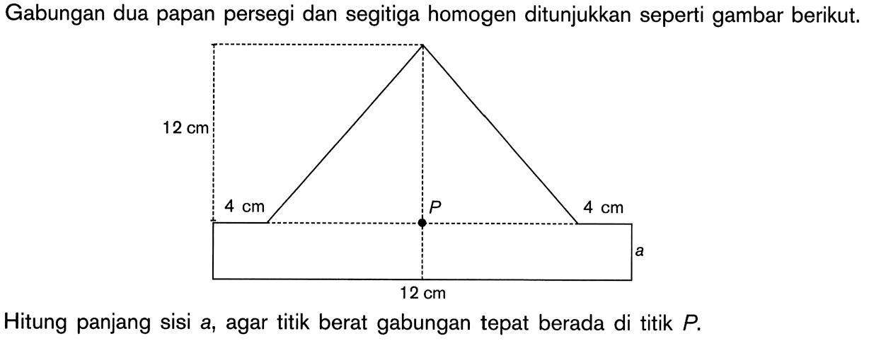 Gabungan dua papan persegi dan segitiga homogen ditunjukkan seperti gambar berikut. 12 cm 4 cm P 12 cm 4 cmHitung panjang sisi a, agar titik berat gabungan tepat berada di titik P.