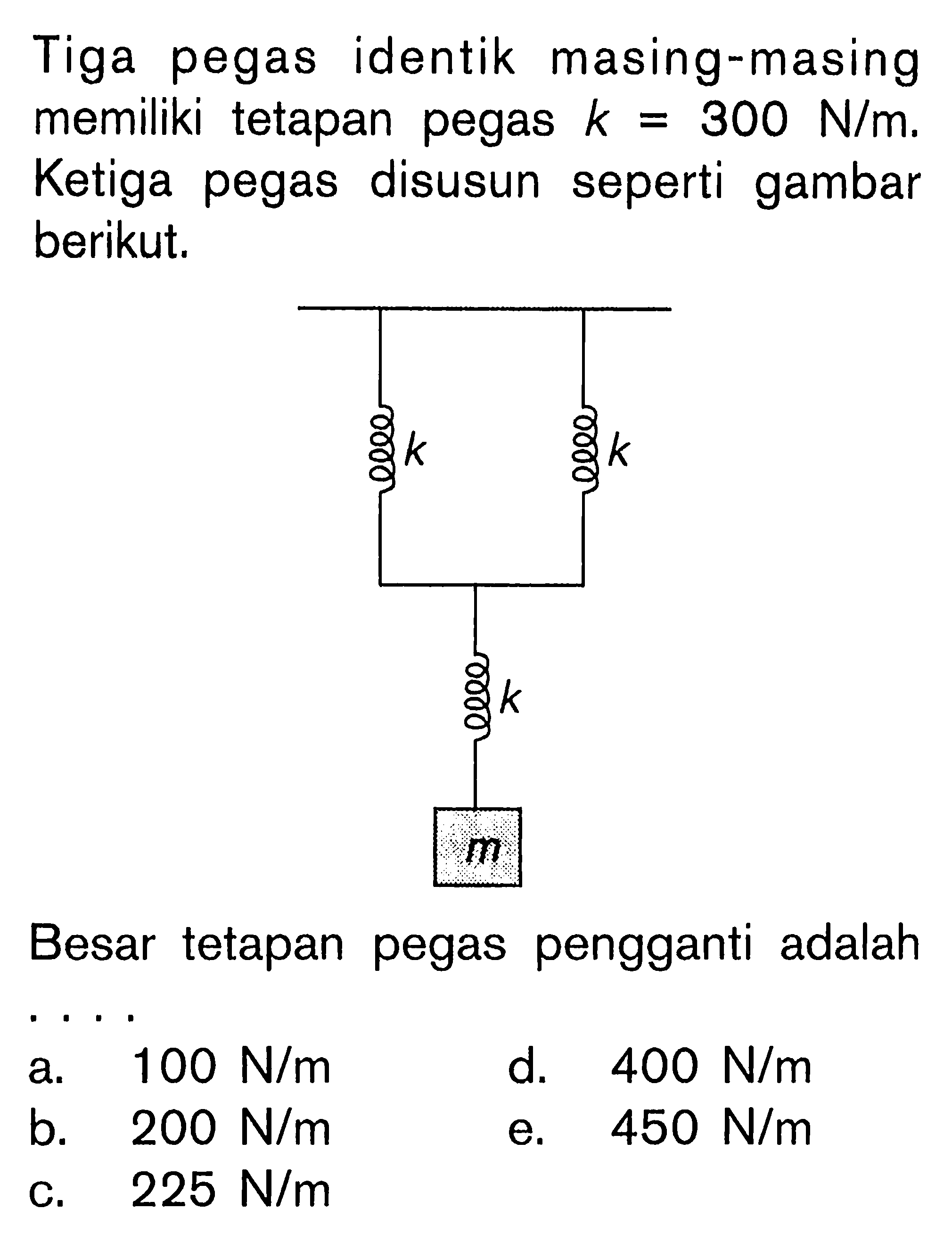 Tiga pegas identik masing-masing memiliki tetapan pegas k = 300 N/m. Ketiga pegas disusun seperti gambar berikut. k k k m Besar tetapan pegas pengganti adalah ....