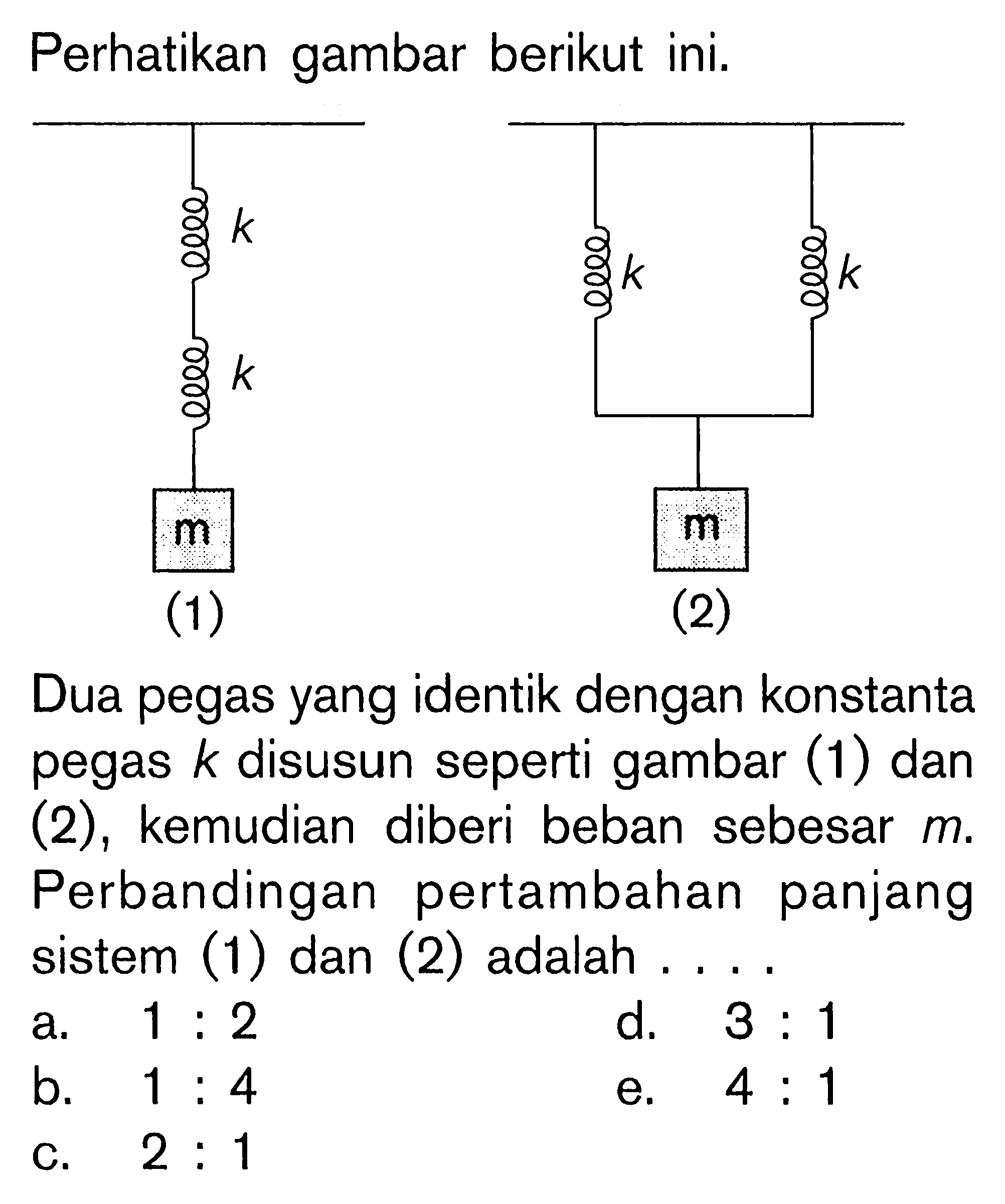 Perhatikan gambar berikut ini. k k k k m m (1) (2) Dua pegas yang identik dengan konstanta pegas k disusun seperti gambar (1) dan (2), kemudian diberi beban sebesar m. Perbandingan pertambahan panjang sistem (1) dan (2) adalah . . . . 