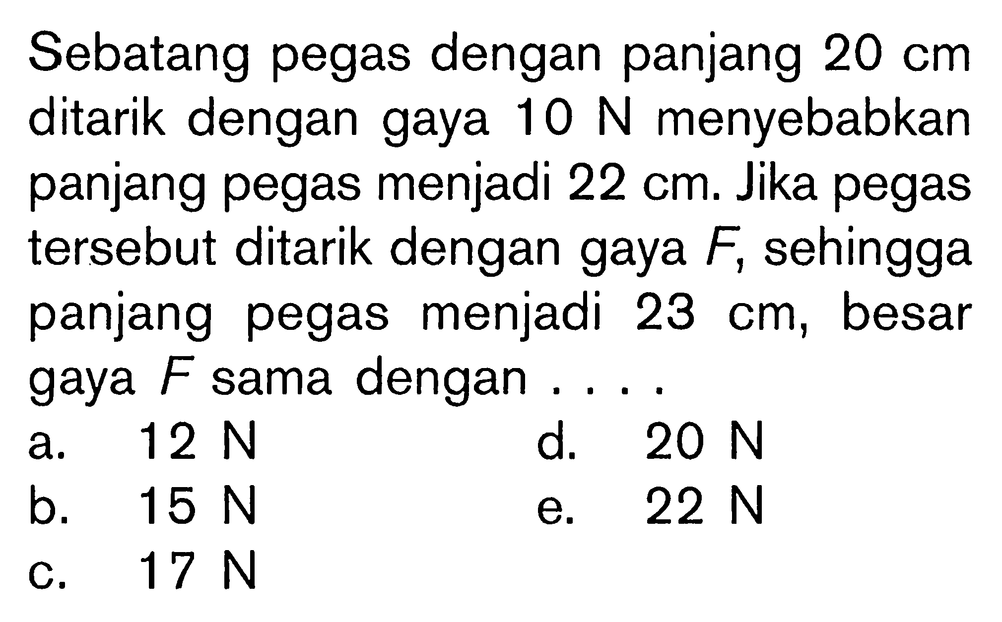 Sebatang pegas dengan panjang 20 cm ditarik dengan gaya 10 N menyebabkan panjang pegas menjadi 22 cm. Jika pegas tersebut ditarik dengan gaya F, sehingga panjang pegas menjadi 23 cm, besar gaya F sama dengan ....