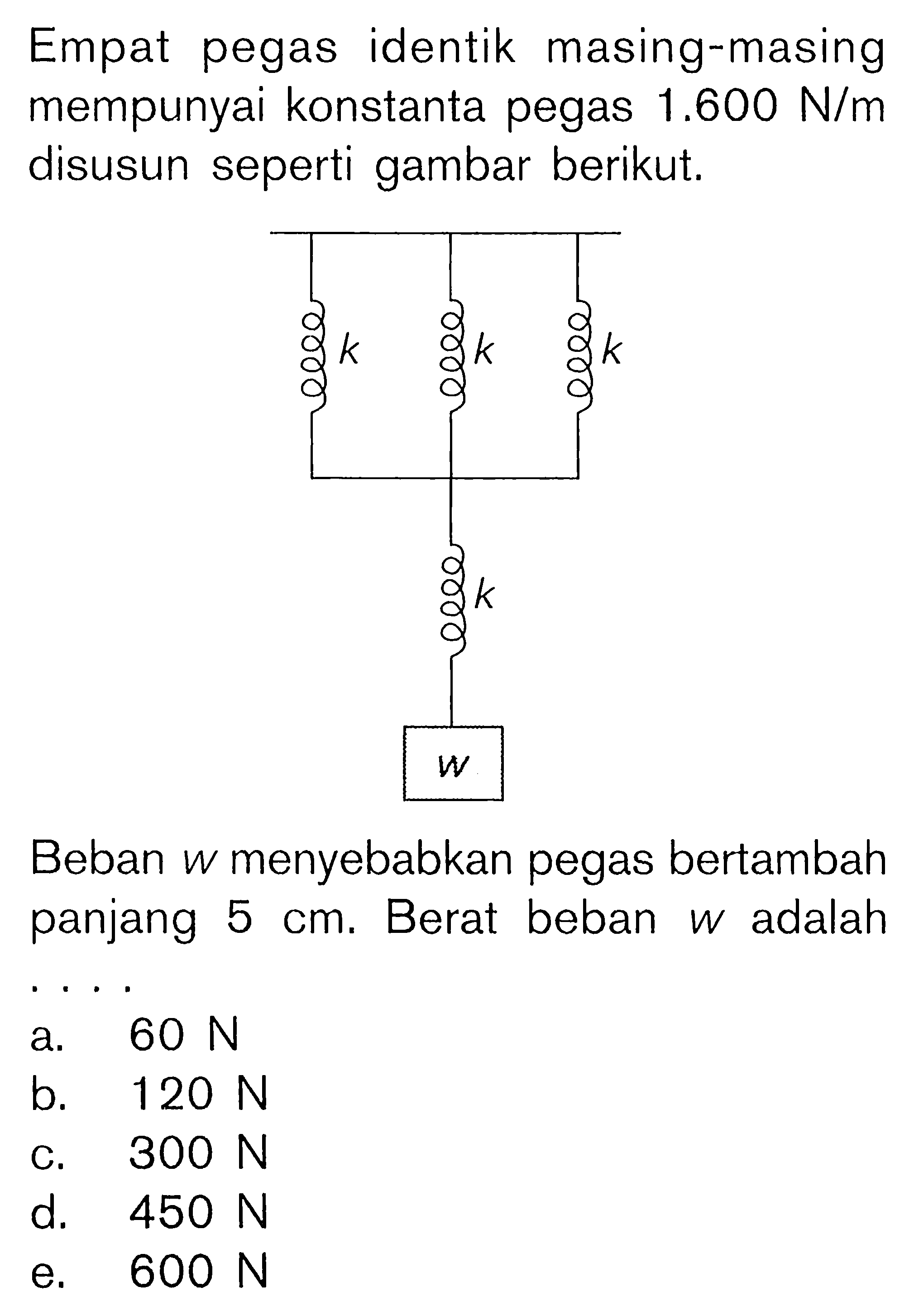 Empat pegas identik masing-masing mempunyai konstanta pegas 1.600 N/m disusun seperti gambar berikut. k k k k w Beban w menyebabkan pegas bertambah panjang 5 cm. Berat beban w adalah . . . . 