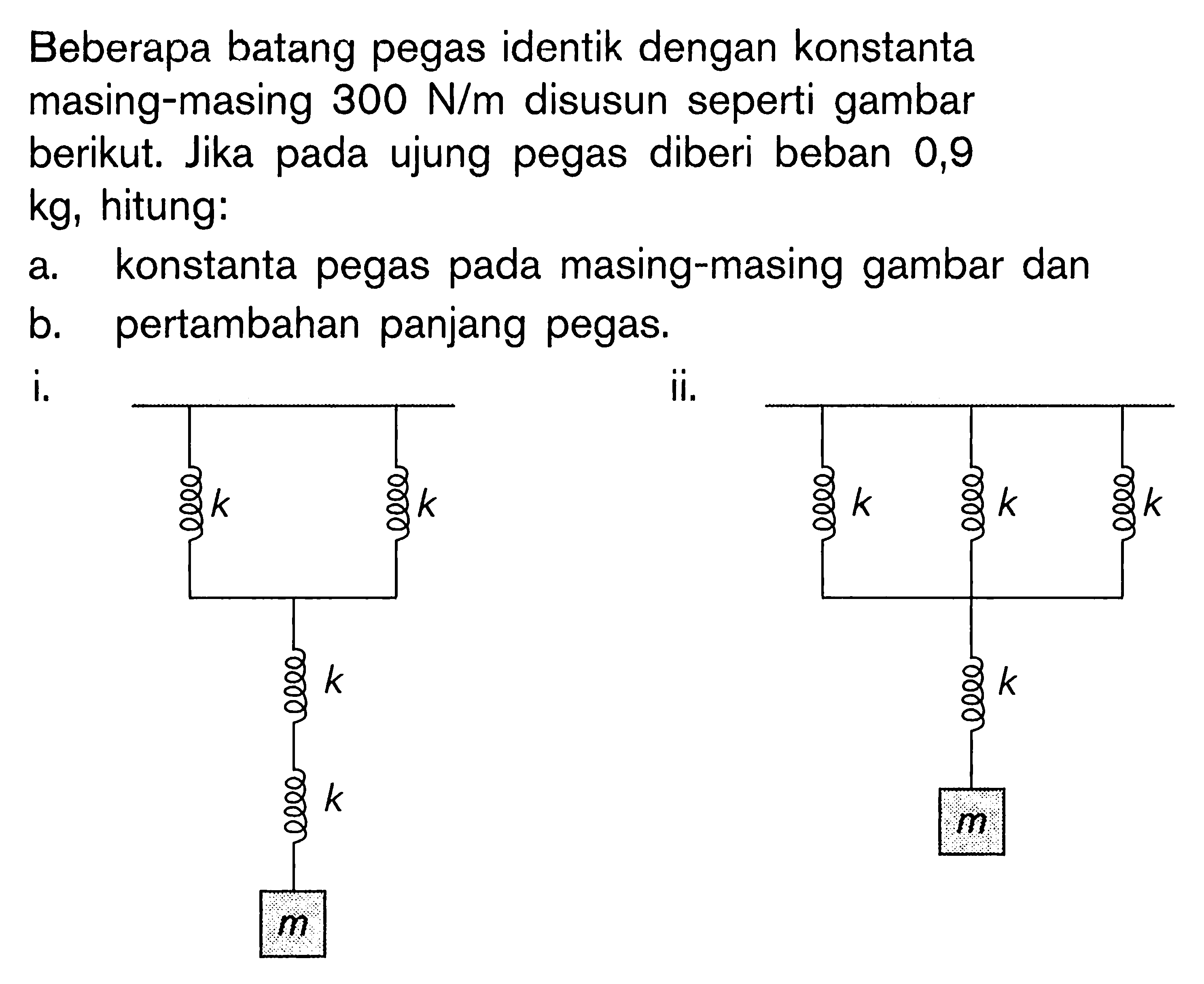 Beberapa batang pegas identik dengan konstanta masing-masing  300 N/m disusun seperti gambar berikut. Jika pada ujung pegas diberi beban 0,9 kg, hitung: 
a. konstanta pegas pada masing-masing gambar dan 
b. pertambahan panjang pegas. 
i. k k k k m 
ii. k k k k m 