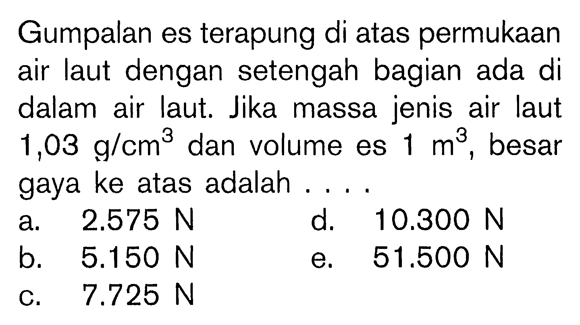 Gumpalan es terapung di atas permukaan air laut dengan setengah bagian ada di dalam laut. Jika massa jenis air laut 1,03 g/cm^3 dan volume es 1 m^3, besar gaya ke atas adalah ....