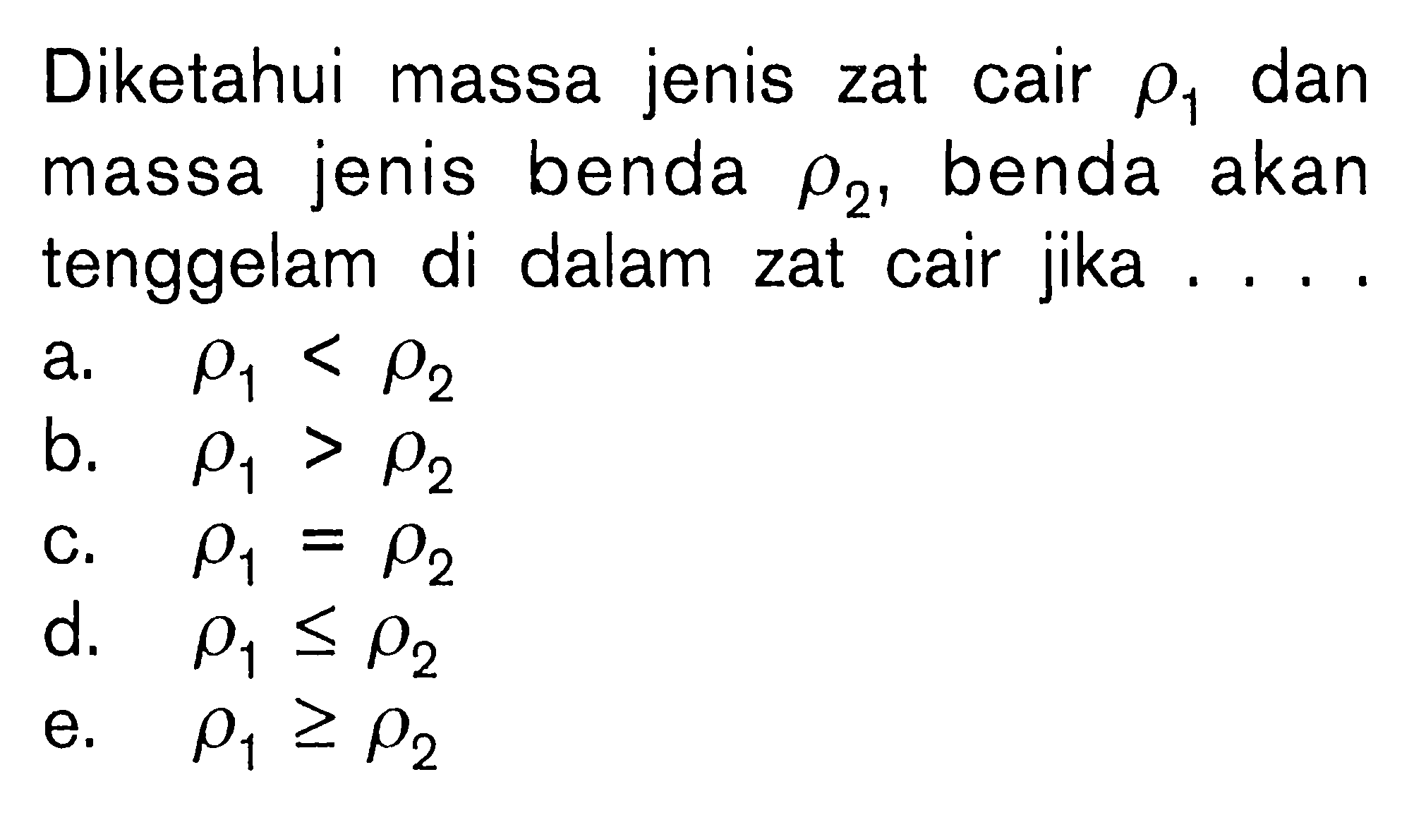 Diketahui massa jenis zat cair rho 1 dan massa jenis benda rho 2, benda akan tenggelam di dalam zat cair jika .... 
