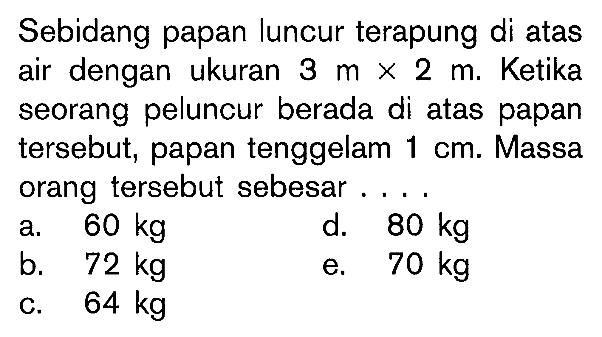 Sebidang papan luncur terapung di atas air dengan ukuran 3 m x 2 m. Ketika seorang peluncur berada di atas papan tersebut, papan tenggelam  1 cm. Massa orang tersebut sebesar.... 
