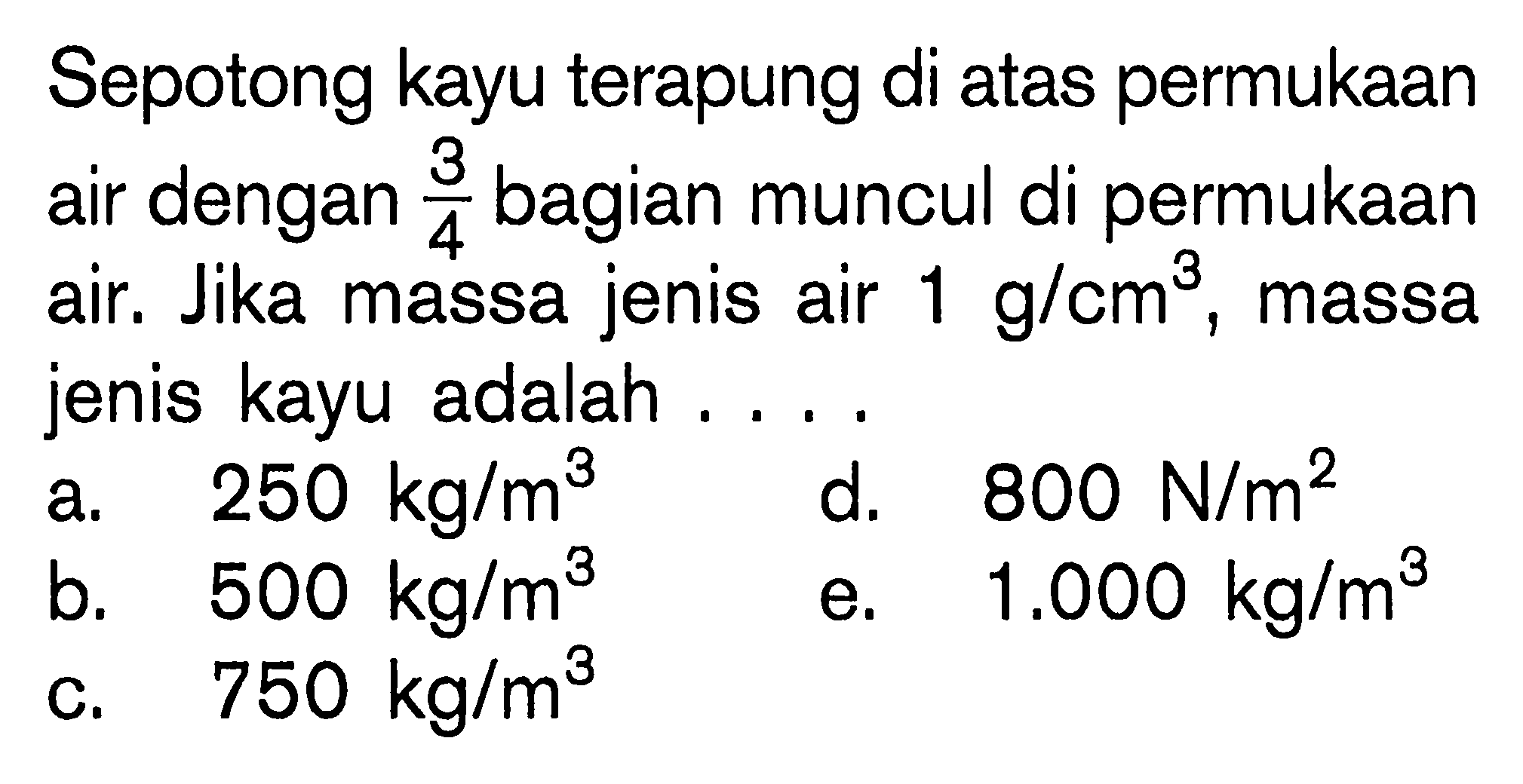 Sepotong kayu terapung di atas permukaan air dengan 3/4 bagian muncul di permukaan air. Jika massa jenis air 1 g/cm^3, massa jenis kayu adalah....