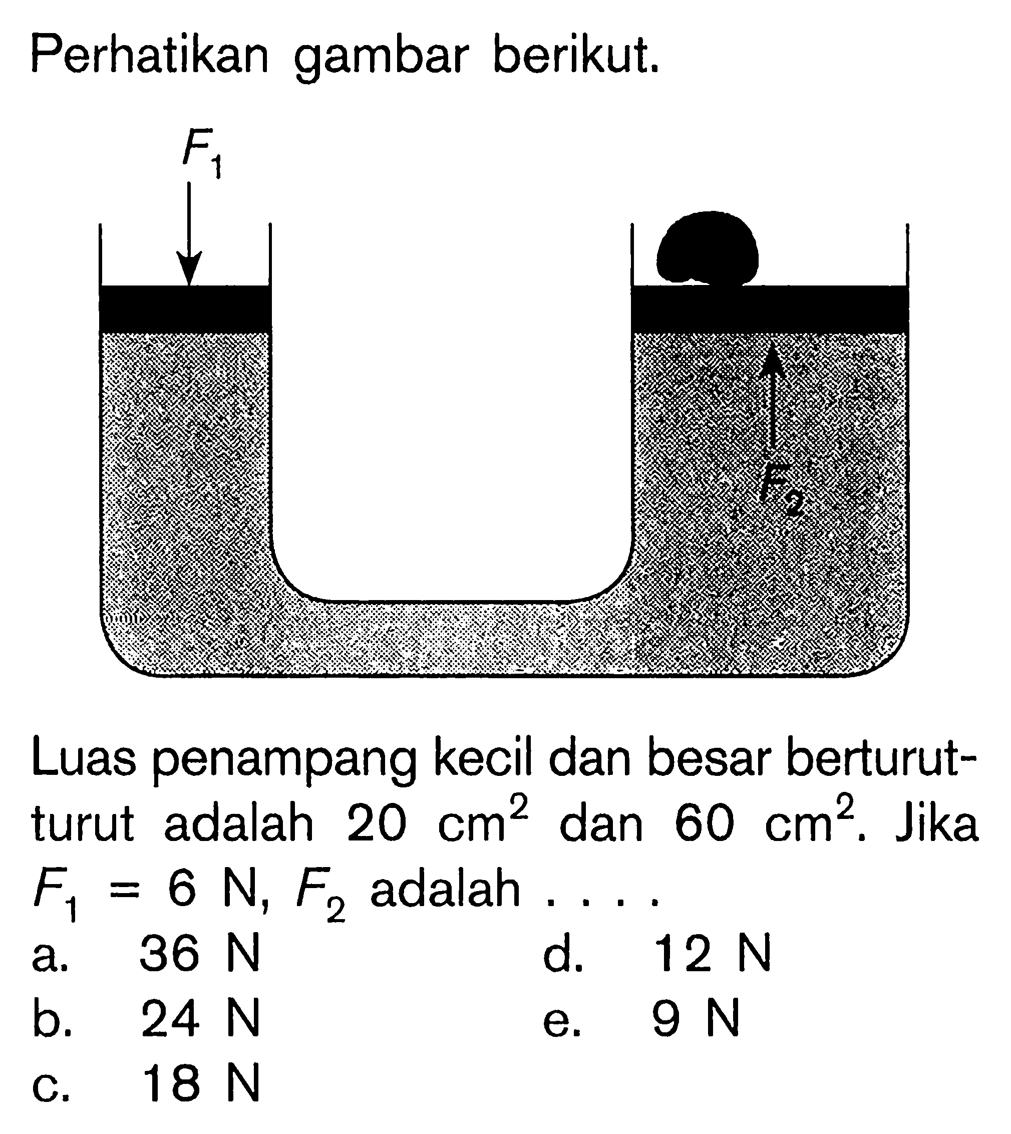 Perhatikan gambar berikut: Luas penampang kecil dan besar berturut- turut adalah 20 cm^3dan 60 cm^3 Jika F1 = 6 N, F2 adalah ...