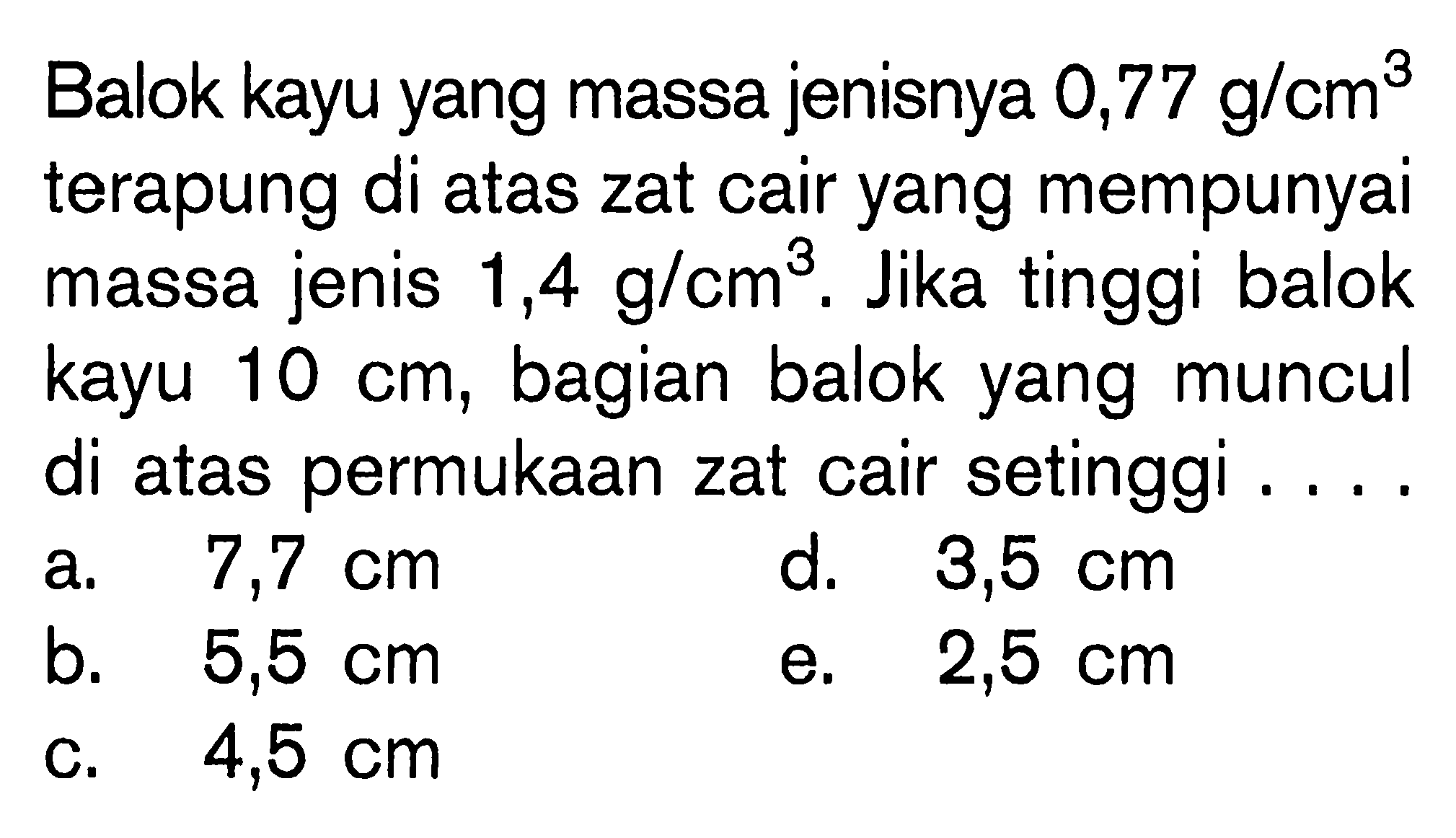 Balok kayu yang massa jenisnya 0,77 gr/cm^3 terapung di atas zat cair yang mempunyai massa jenis 1,4 g/cm^3. Jika tinggi balok kayu 10 cm, bagian balok yang muncul di atas permukaan zat cair setinggi . . . .