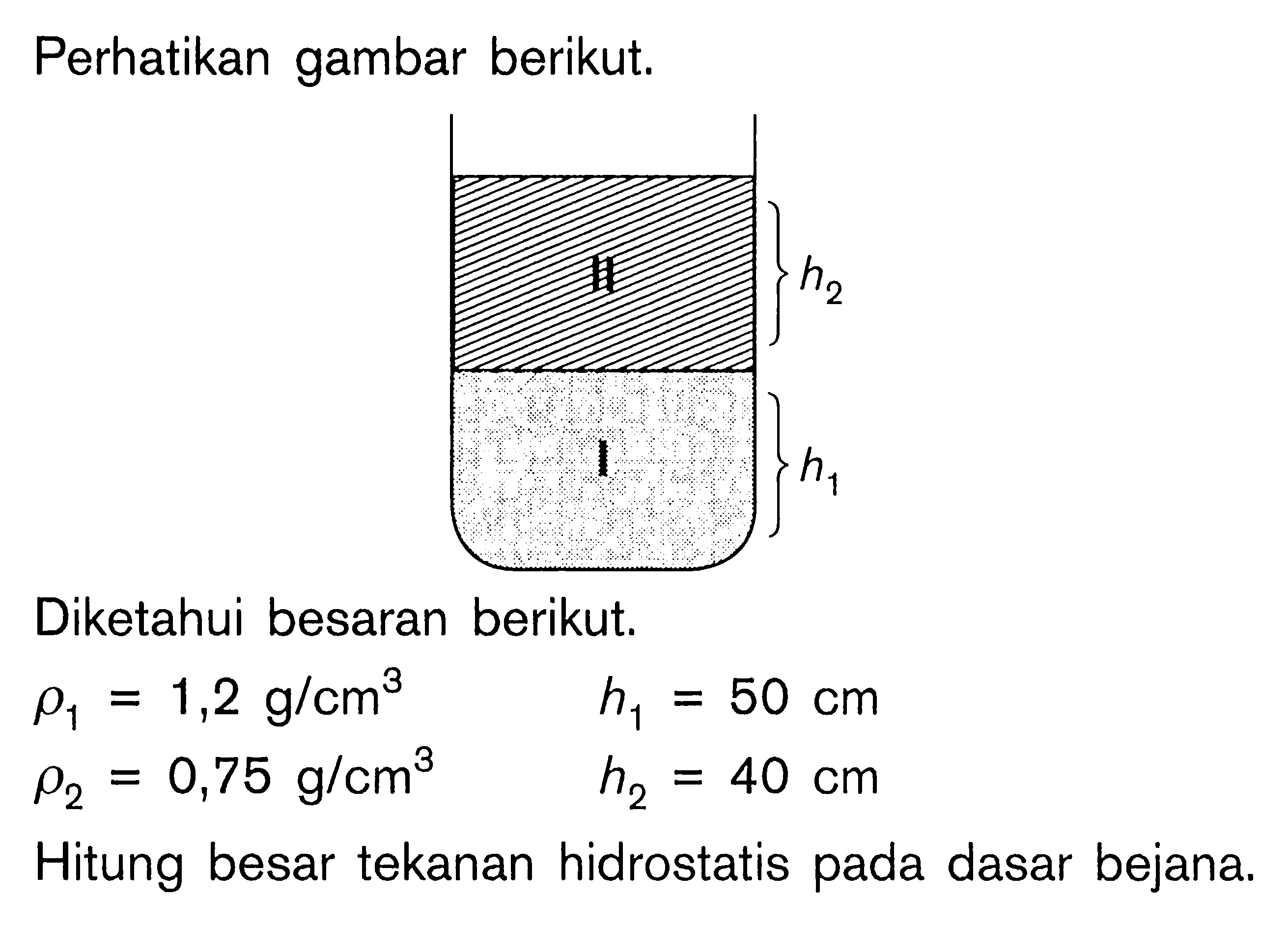 Perhatikan gambar berikut. II h2 I h1 Diketahui besaran berikut. rho1=1,2 g/cm^3 h1=50 cm rho2=0,75 g/cm^3 h2=40 cm Hitung besar tekanan hidrostatis pada dasar bejana. 