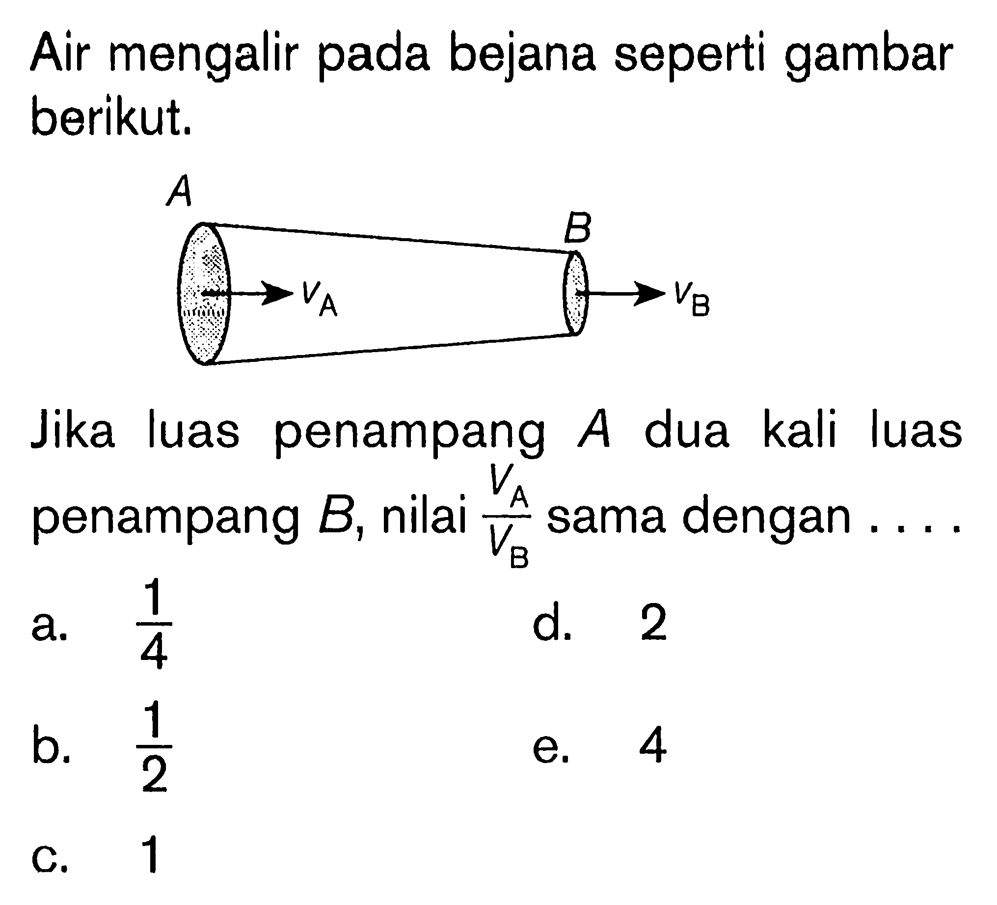 Air mengalir bejana seperti gambar berikut. A B VA VB Jika luas penampang A dua kali luas A penampang B, nilai VA/VB sama dengan . . . .