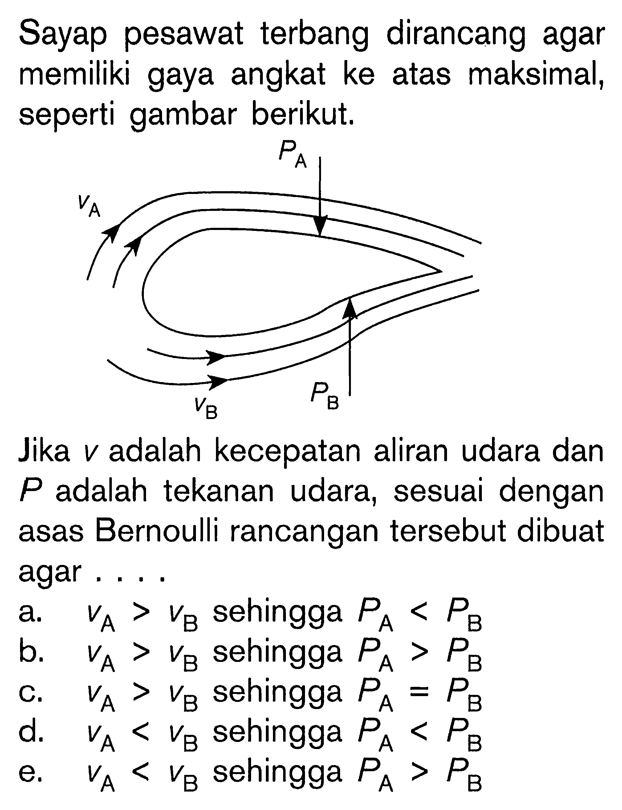 Sayap pesawat terbang dirancang agar memiliki gaya angkat ke atas maksimal, seperti gambar berikut.  PA VA VB PB Jika v adalah kecepatan aliran udara dan P adalah tekanan udara, sesuai dengan asas Bernoulli rancangan tersebut dibuat agar .... a.  vA>vB sehingga PA<PB  b.  vA>vB sehingga PA>PB c.  vA>vB sehingga PA=PB d.  vA<vB sehingga PA<PB e.  vA<vB sehingga PA>PB