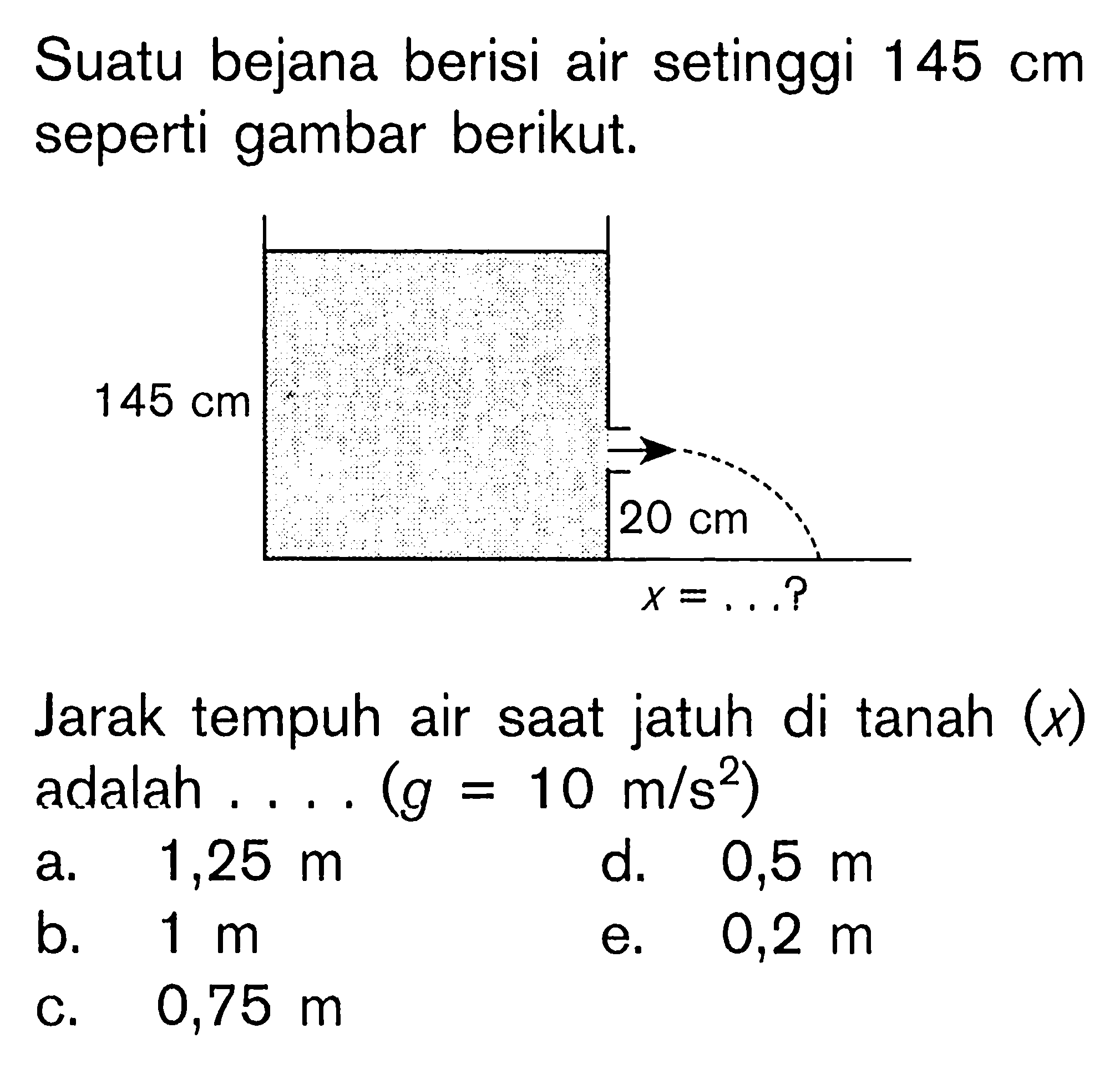 Suatu bejana berisi air setinggi 145 cm seperti gambar berikut. 145 cm 20 cm x = ...? Jarak tempuh air saat jatuh di tanah (x) adalah .... (g = 10 m/s^2)