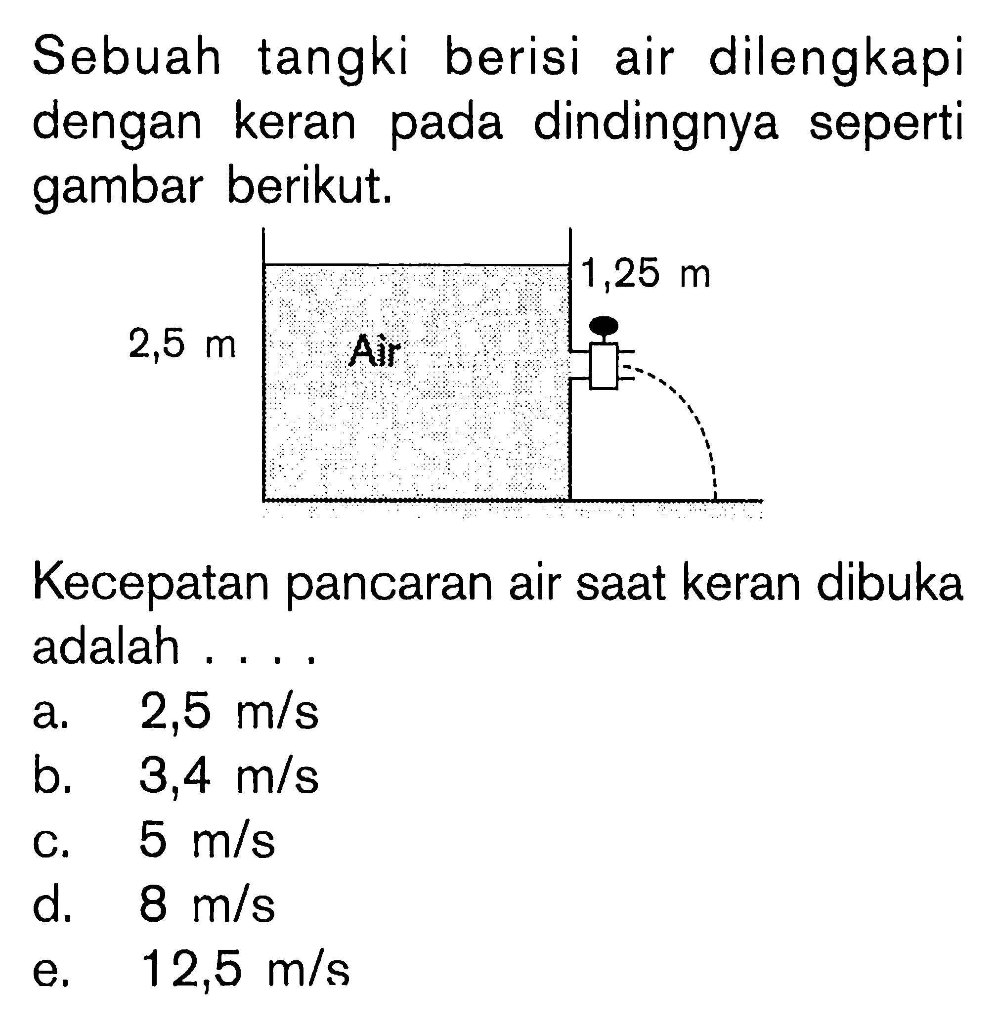 Sebuah tangki berisi air dilengkapi dengan keran pada dindingnya seperti gambar berikut. 1,25 m 2,5 m Air Kecepatan pancaran air saat keran dibuka adalah . . . .